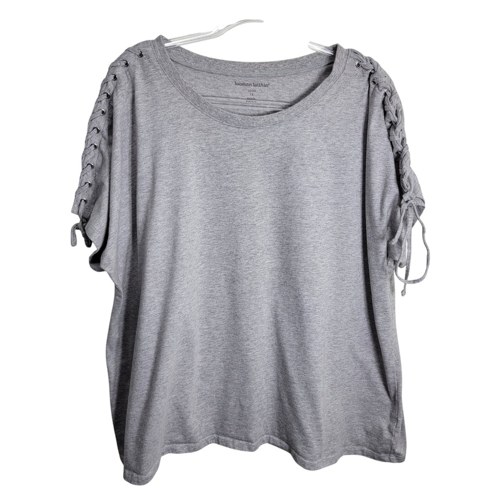 Woman Within‎ Gray Heather Lace Up Shoulder Short Sleeve Boxy T-Shirt 1X 22/24